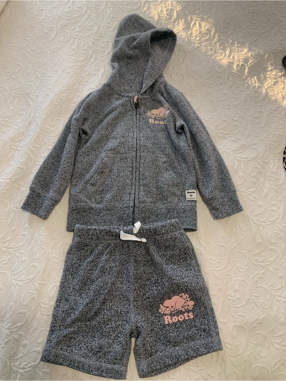 Roots Gray Hooded Zip-Up & Shorts Set with Pink Logo